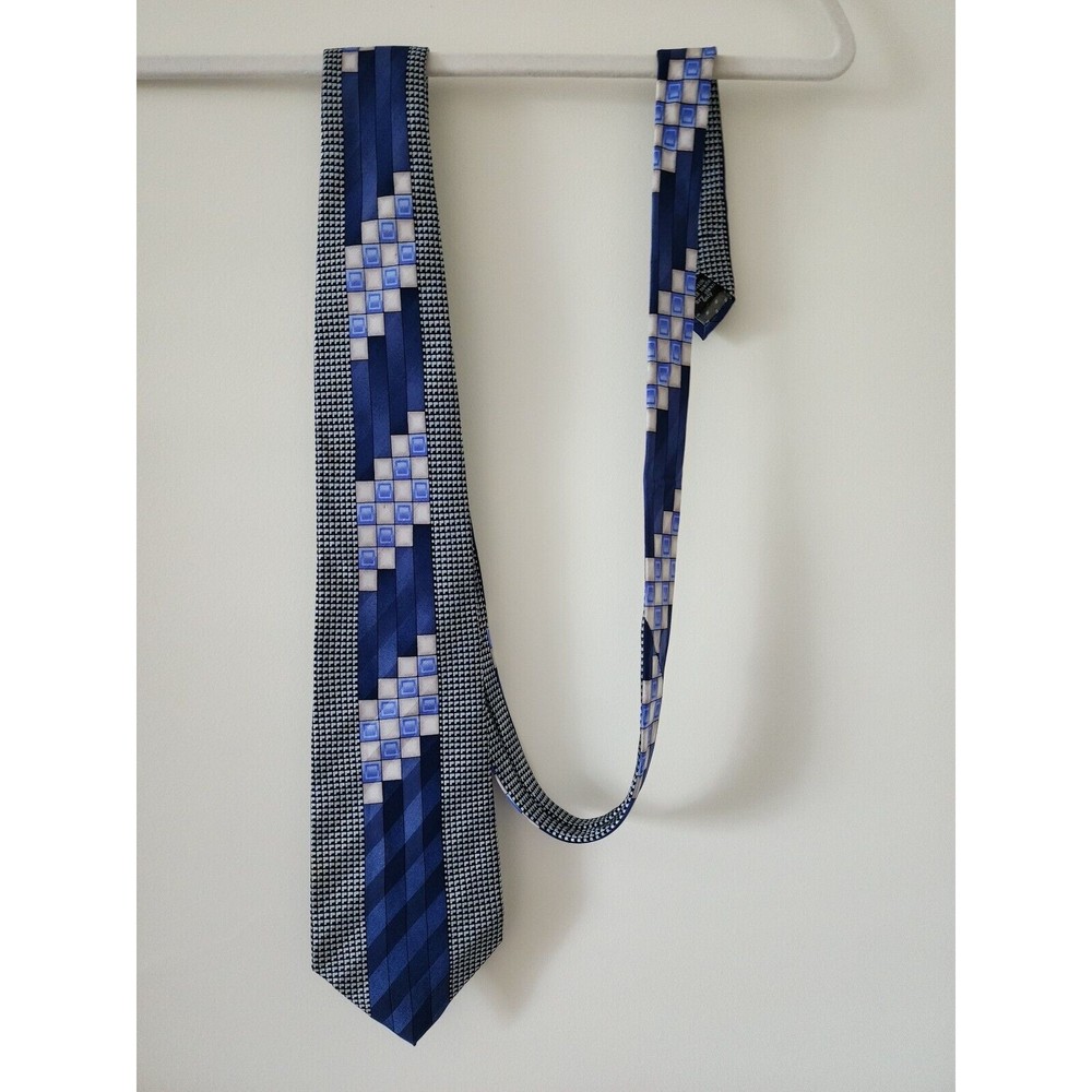 Salvatore Pellegrino Italy Mens Handmade Silk Tie Blue Gray Geometric Pattern - Picture 3 of 5